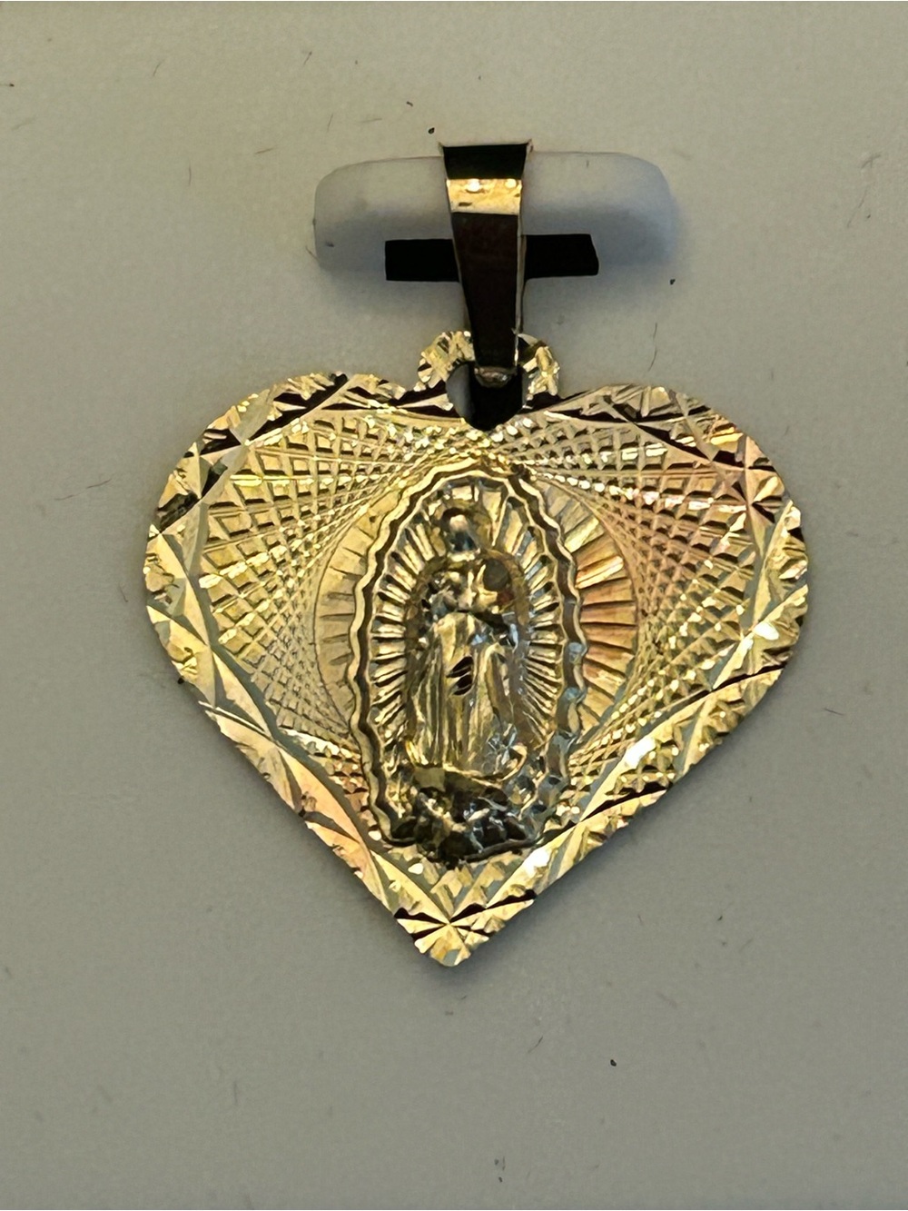Solid 10KT Two-Tone Gold Heart Pendant with Virgin Mary Medallion - Picture 7 of 10